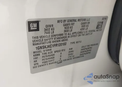 2015 Chevrolet Suburban 1500 Lt from USA, damaged, VIN 1GNSKJKC1FR120160